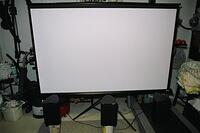 screen; CinemaScope image is 3'x7'; speakers are $20 models from Best Buy (they are actually not bad)